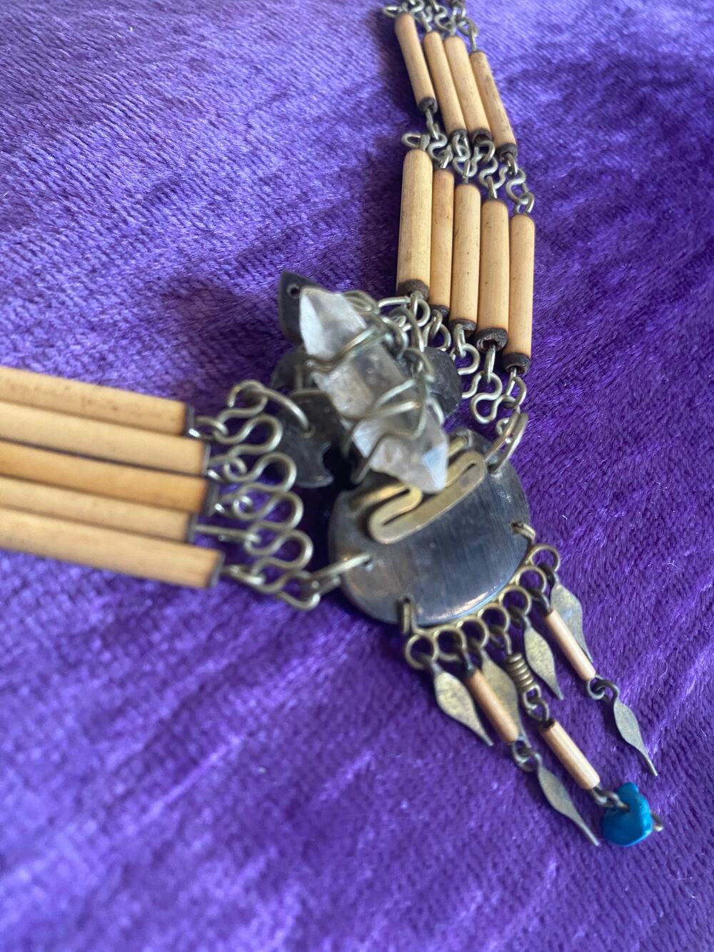 vintage peruvian bamboo and crystal necklace, hippie jewelry, festival boho